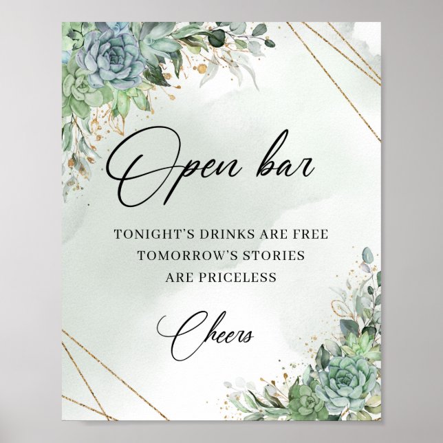 Poster Boho suculentas eucalipto dourado placa de bar abe (Frente)