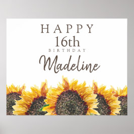 Poster Boho Sunflower White Happy 16th (ou qualquer) Aniv