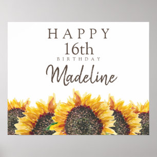 Poster Boho Sunflower White Happy 16th (ou qualquer) Aniv