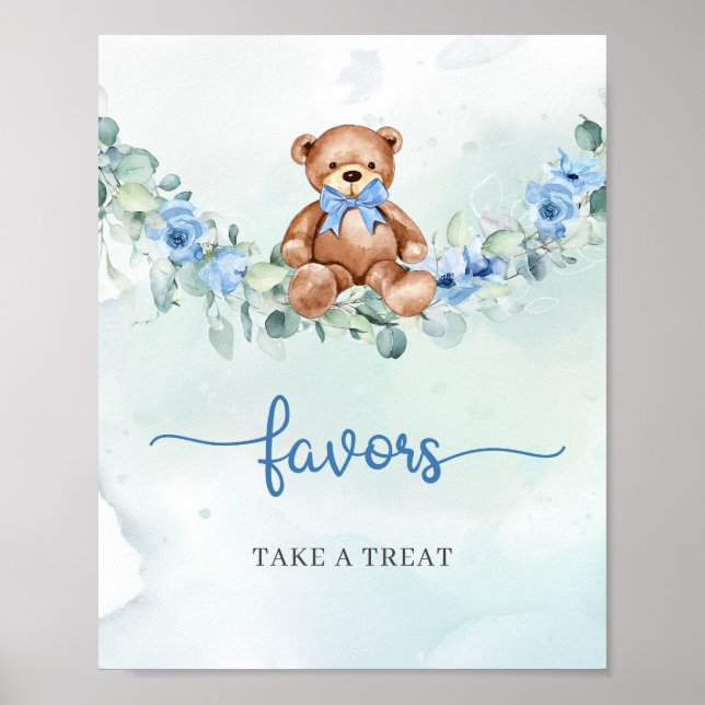 Poster Boho Teddy urso azul de eucalipto floral (Frente)