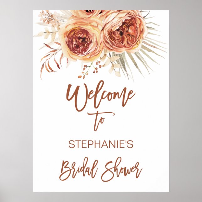 Poster Boho Terracotta Laranja Queimada Floral Bridal Bem (Frente)