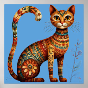 Poster Boho Tribal Gato Arte Popular Fofa com Flores