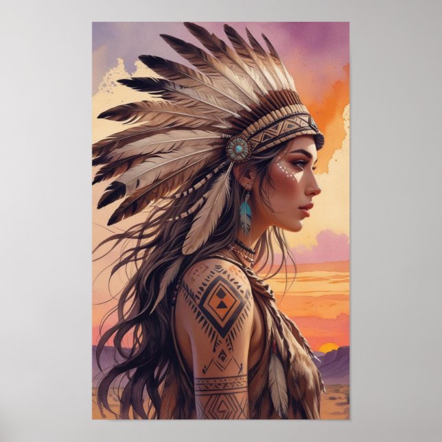 Poster Boho Tribal Queen com Headdress Feather (Frente)