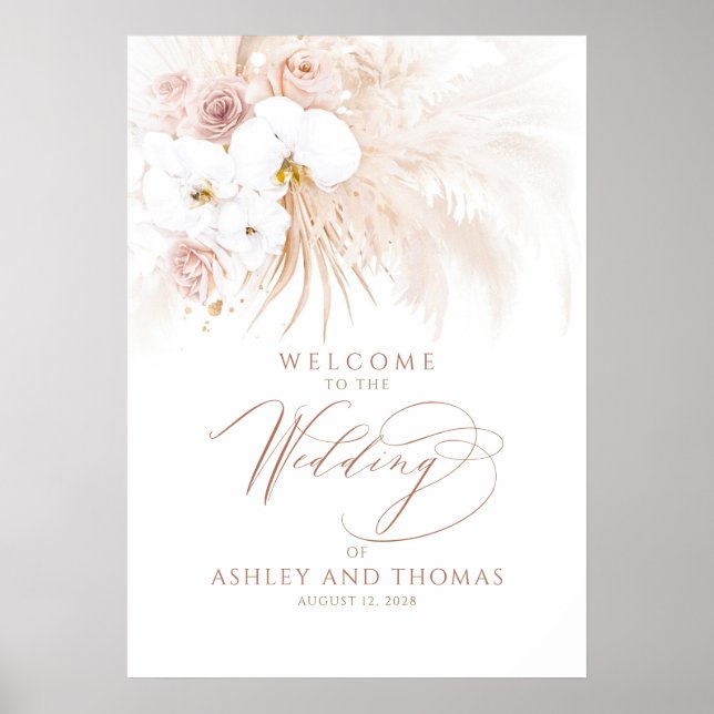 Poster Boho Tropical Floral Elegant Wedding Welcome Sign (Frente)