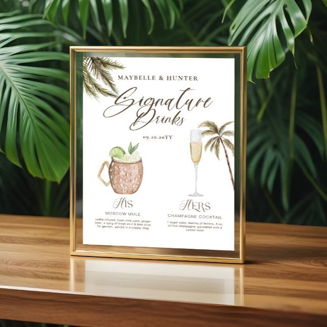 Poster Boho Tropical Watercolor Signature Bebe Casamento (Boho Tropical Watercolor Signature Drinks Wedding Acrylic Sign)