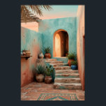 Poster Boho Turquoise Desert Courtyard, Rustic Staircase<br><div class="desc">Boho turquoise desert courtyard with rustic stone staircase, terracotta pots, cactus and agave plants, under a soft sunset sky. Weathered walls, woven baskets, and patterned rug create a cozy Southwestern vibe. Perfect for living room, entryway, or boho bedroom decor—high-resolution digital illustration. Invite warm desert charm into your modern home with...</div>