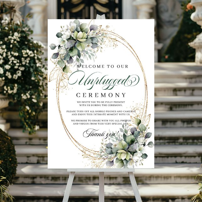 Poster Boho Verde Empoeirado Eucalipto Cerimônia Desconec (Boho Dusty Green Eucalyptus Unplugged Ceremony Wedding Poster)