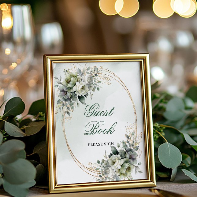 Poster Boho Verde Empoeirado Mesa de Livro de Visitas de  (Boho Dusty Green Eucalyptus Guest Book Tabletop Sign)