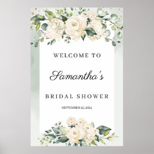 Poster Boho verde rosas brancas bem-vindo chá de noiva