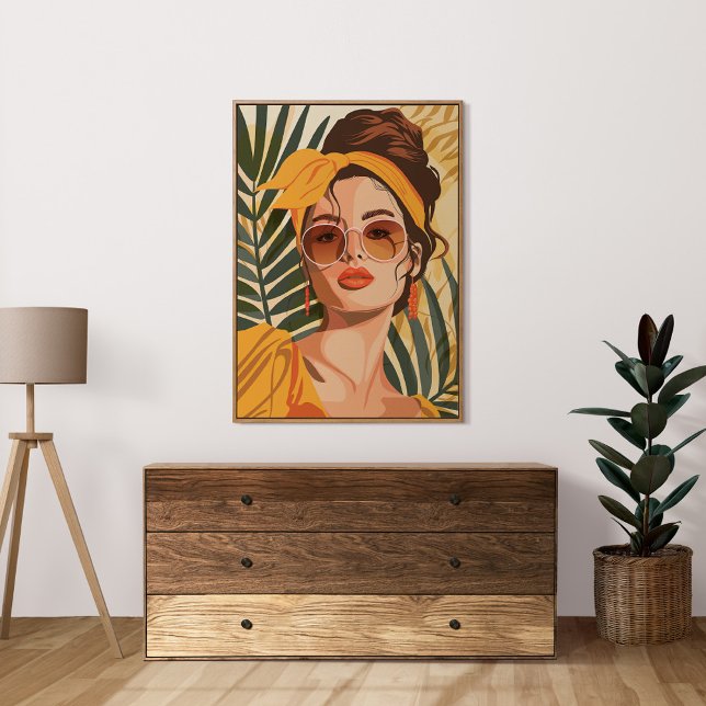 Poster Boho Vintage Feminine Summer Retraje (Boho Vintage Feminine Summer Portrait Art Poster in a neutral boho living room.)
