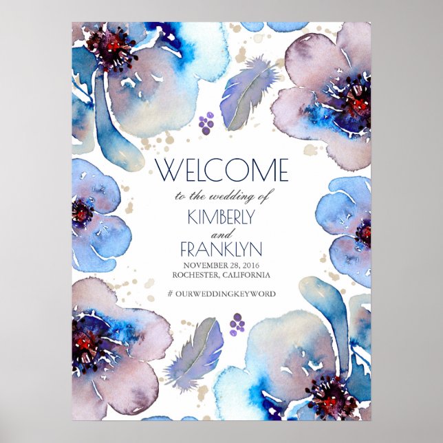 Poster Boho Watercolor Blue Flowers Sinal de Boho Boho (Frente)