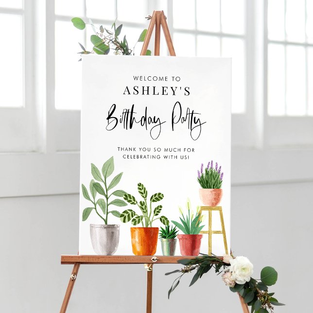 Poster Boho Watercolor Festa de aniversário de plantas do (Customizable boho birthday party welcome sign featuring watercolor potted houseplants. )