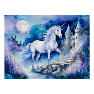 Póster Boho Watercolor White Unicorn Perto do Velho Caste