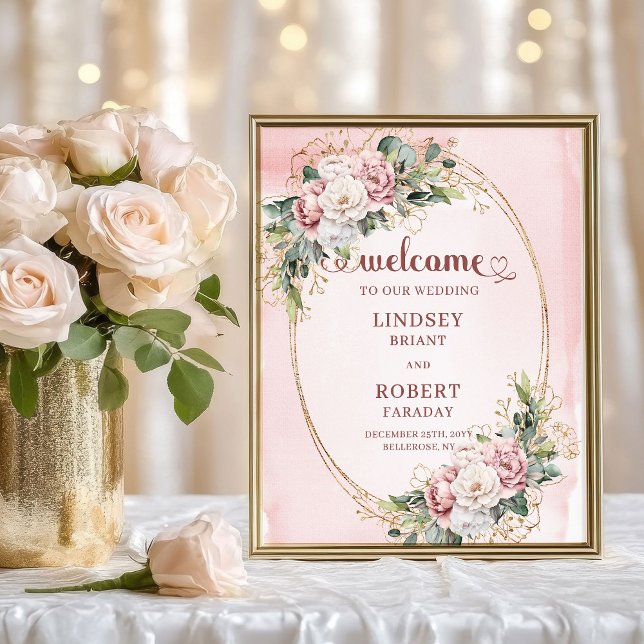 Poster Boho Wedding Welcome Dusty Pink Floral Gold Sign (Boho Wedding Welcome Dusty Pink Floral Gold)