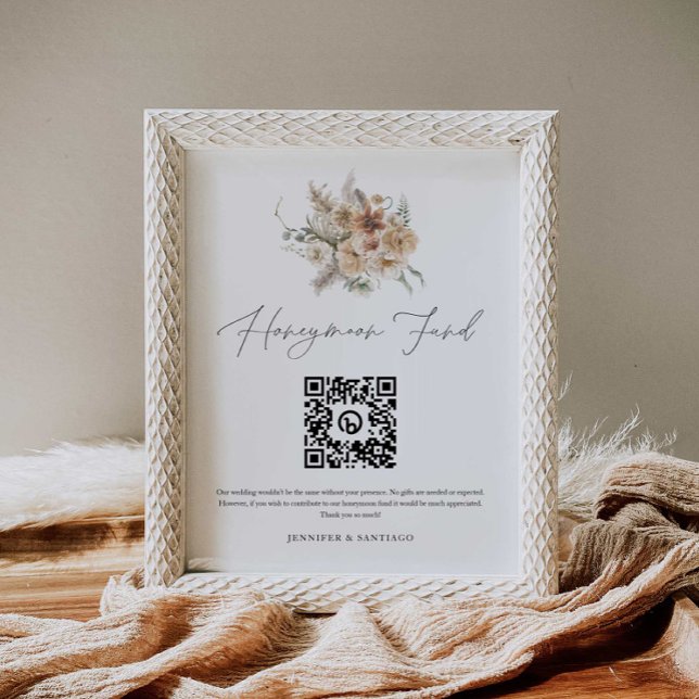 Poster Boho Weding Honeymoon Fund Sinal de Código QR (Criador carregado)