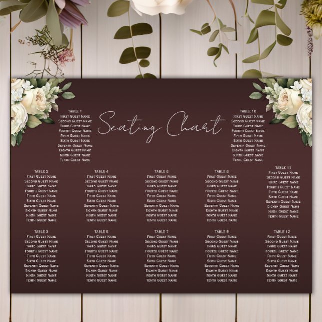 Poster Boho White Roses no Burgundy Wedding Seating Chart (Criador carregado)
