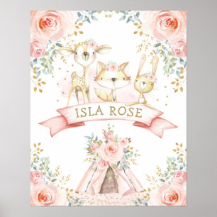Poster Boho Woodland Animal Blush Floral Monograma Nurser