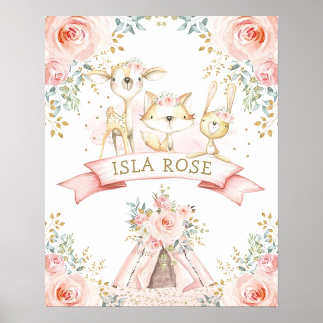 Poster Boho Woodland Animal Blush Floral Monograma Nurser (Frente)