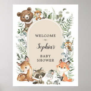 Poster Boho Woodland Animal Greenery Chá de fraldas Bem-v