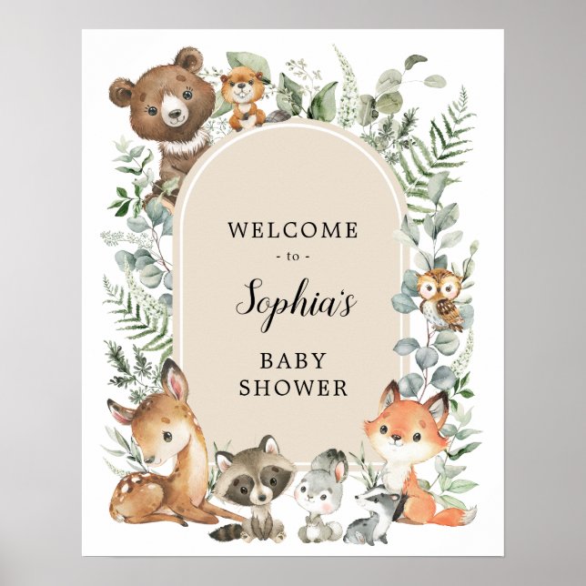 Poster Boho Woodland Animal Greenery Chá de fraldas Bem-v (Frente)