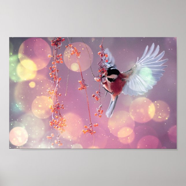 Poster Bokeh Bubbles Voando Hummingbird - Vermelho (Frente)