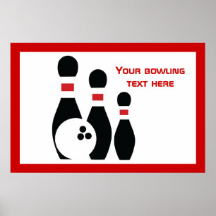 Poster Bola de boliche e pinos vermelho personalizados