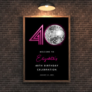 Poster Bola de Discoteca Rosa Neon Preto Quarenta 40º Ani