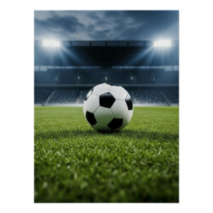 Póster Bola de futebol no campo de grama sob luzes de est