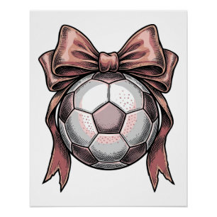 Póster Bola de Futebol Vintage com Laço Rosa