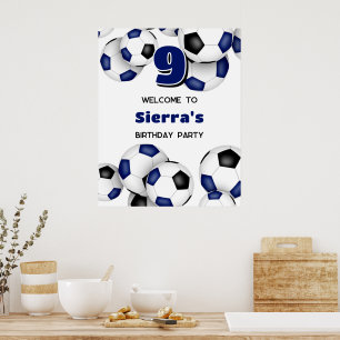 Poster bolas de futebol azuis pretas festa de aniversário