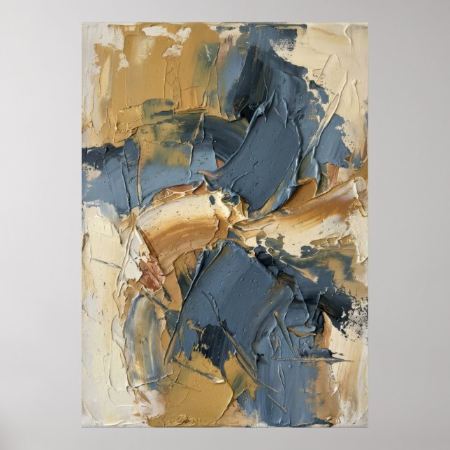 Poster Bold Abstract Impasto Azul Dourado Tons Terrosos E (Frente)