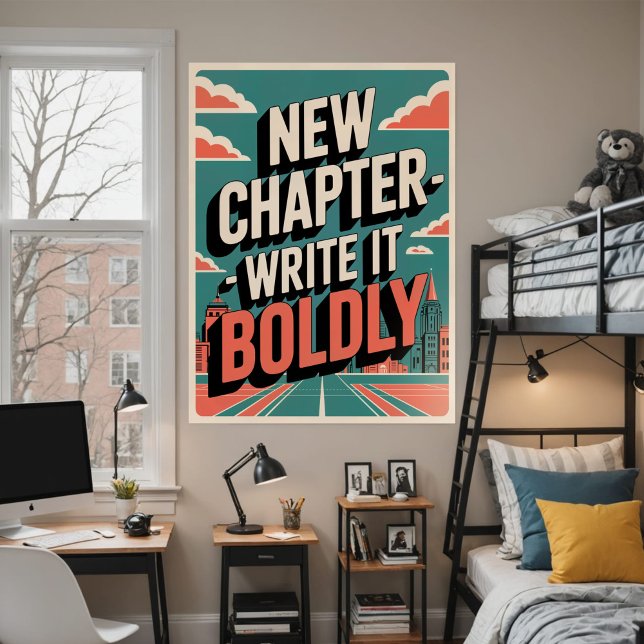 Poster Bold Motivational New Chapter Modern Cityscape (Bold, minimalist poster with an empowering quote and vibrant cityscape in teal and orange.)