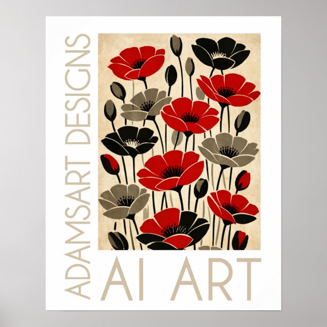 Poster Bold Red & Black Retro Papoulas Floral (Frente)