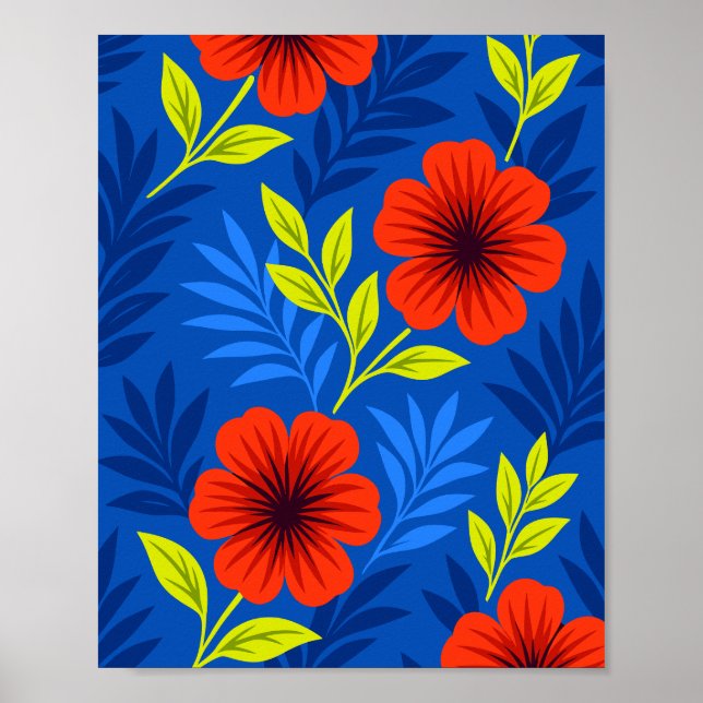 Poster Bold Vermilion Red Florals with Elegant Leaves (Frente)