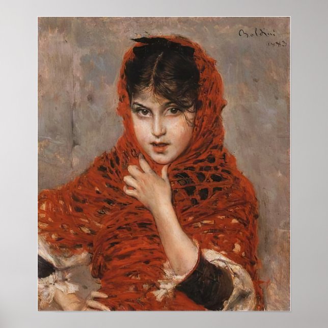 Poster Boldini - Rapariga com Shawl Vermelho (Frente)