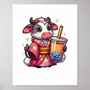 Poster Bolha de Bebendo de Vaca Chá Japonês Kimono _1_1