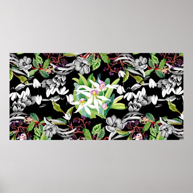 Poster Bolhas de neve esboçadas e flores de orquídeas flo (Frente)