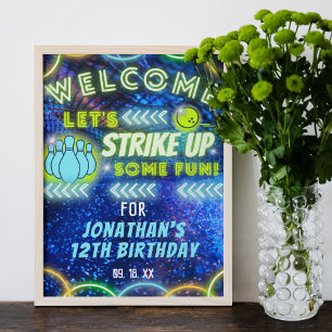 Poster Boliche Ataca Diversão Neon Birthday Sinal de Boas
