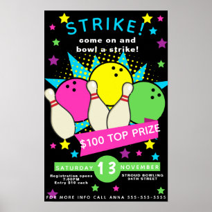 Poster boliche neon brilhando, torneio de boliche