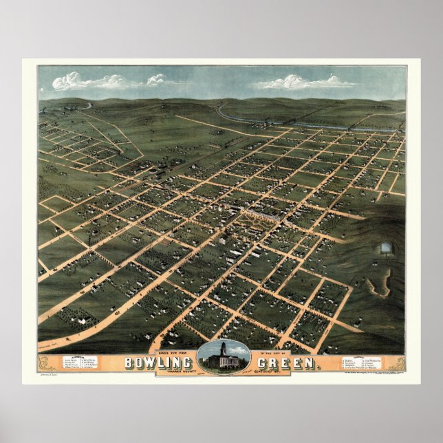 Poster Boliche Verde, mapa Panorâmico KY - 1871 (Frente)