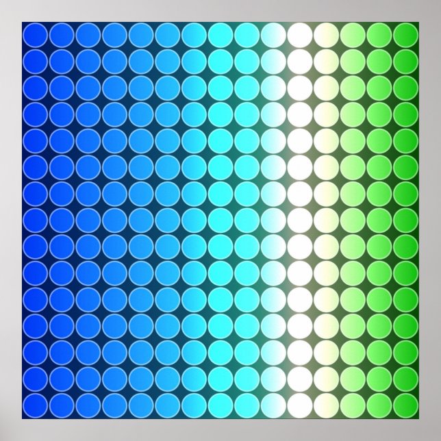 Póster Bolinhas com gradiente de arte Op Azul Branco Verd (Frente)
