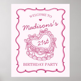 Poster Bolo Coqueteiro Retro Coração Rosa, Aniversário Be