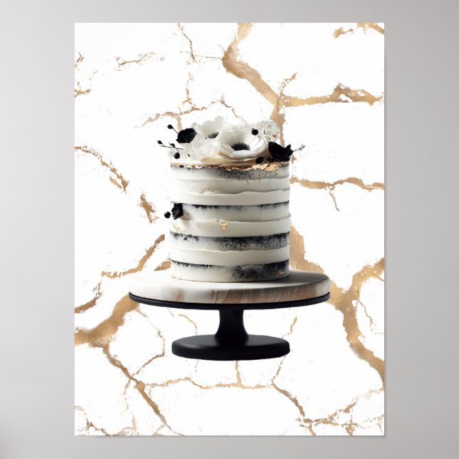 Poster Bolo de Andares Floral Preto e Dourado Chá de Noiv (Frente)