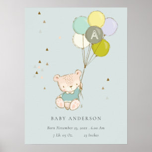 Poster Bolo de Aniversário de Urso de Aqua Fofo com Monog