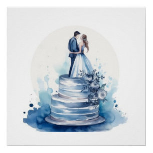 Póster Bolo de Casamento Floral Azul Elegante em Aquarela