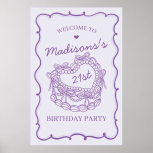 Poster Bolo de Coquetes de Coração Roxo Aniversário Bem-v