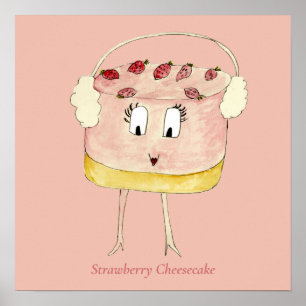 Poster Bolo Excêntrico de Morango e Cheesecake Fofo Rosa