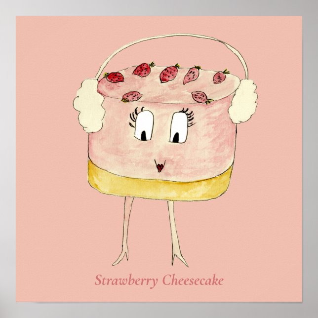 Poster Bolo Excêntrico de Morango e Cheesecake Fofo Rosa (Frente)
