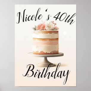 Poster Bolo Floral Elegante de Pêssego Bege Festa de Aniv