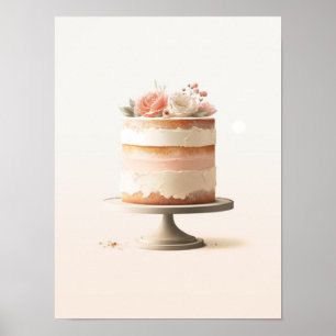 Poster Bolo Floral Elegante Rosa Bege Cozinha Padaria